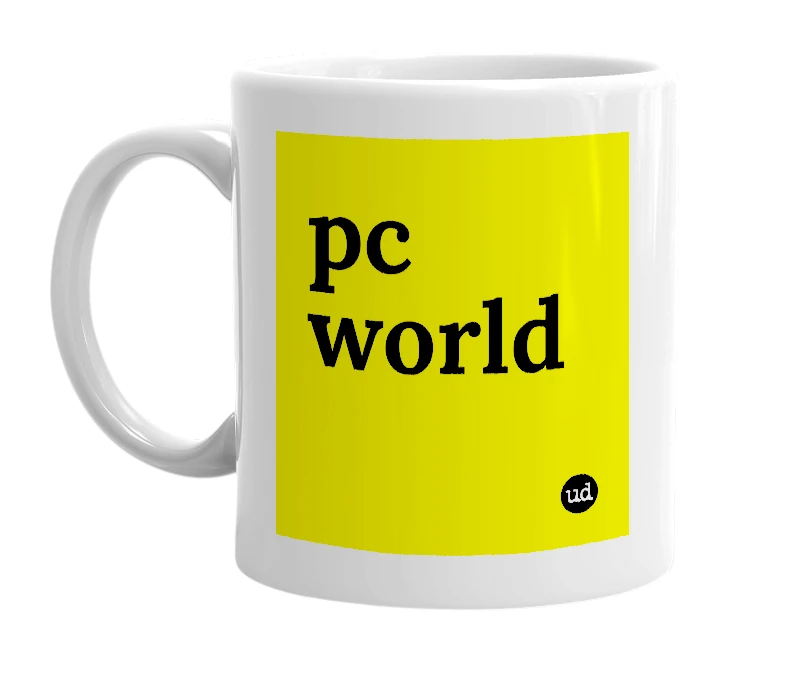 White mug with 'pc world' in bold black letters