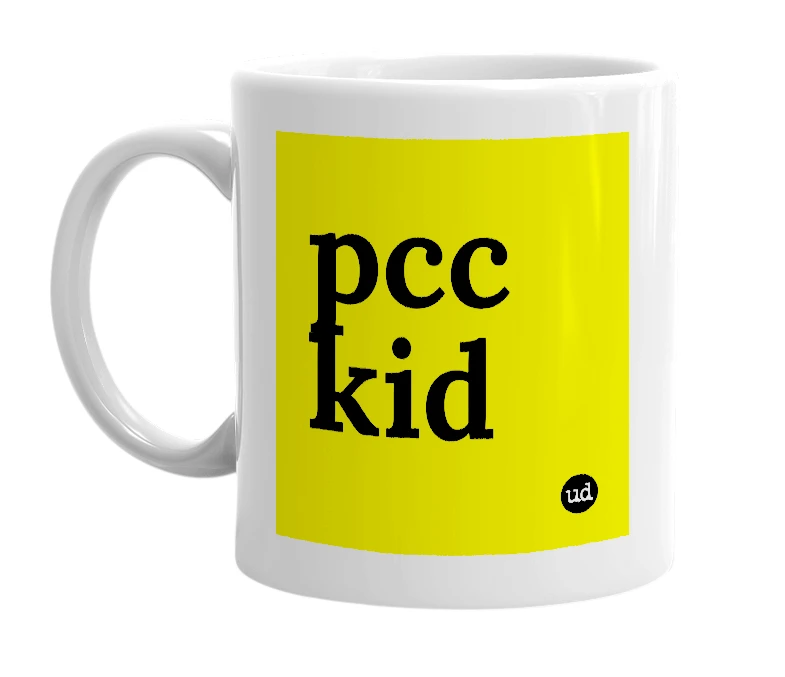 White mug with 'pcc kid' in bold black letters