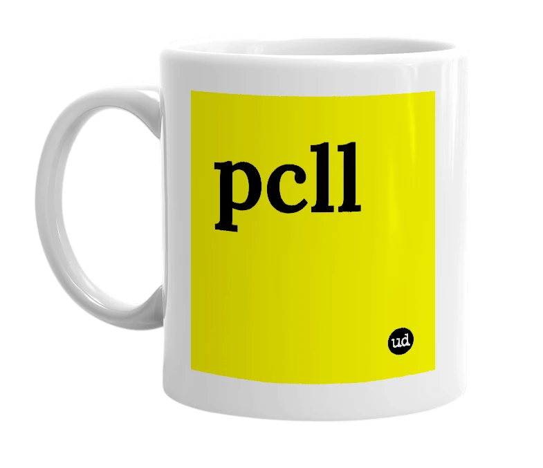 White mug with 'pcll' in bold black letters