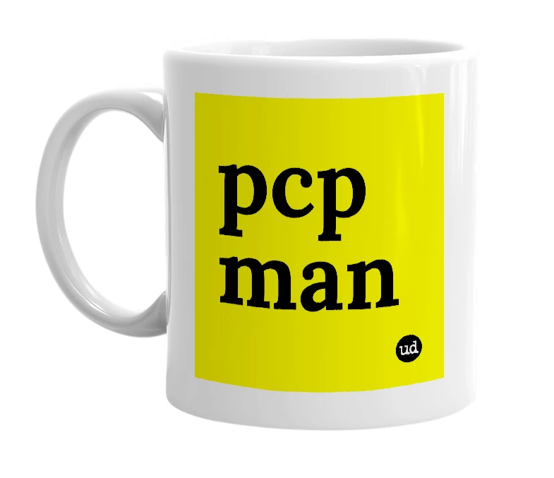 White mug with 'pcp man' in bold black letters