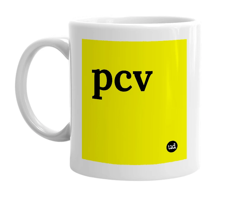 White mug with 'pcv' in bold black letters