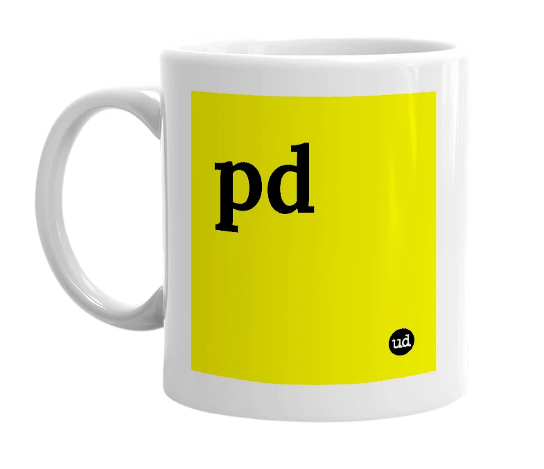 White mug with 'pd' in bold black letters