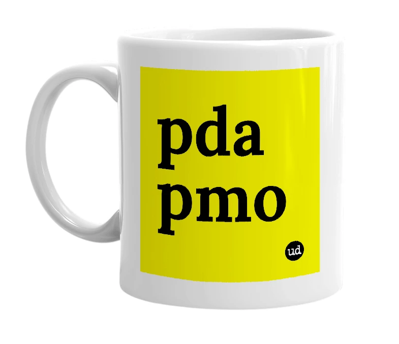 White mug with 'pda pmo' in bold black letters