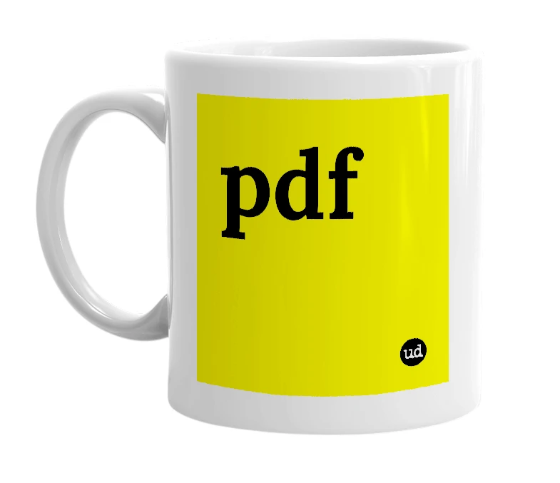 White mug with 'pdf' in bold black letters