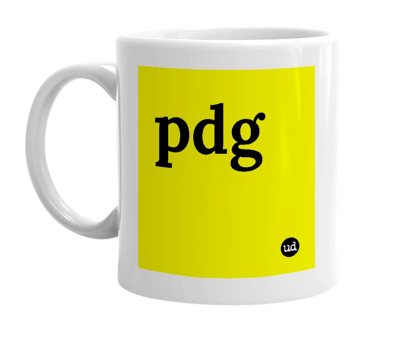 White mug with 'pdg' in bold black letters