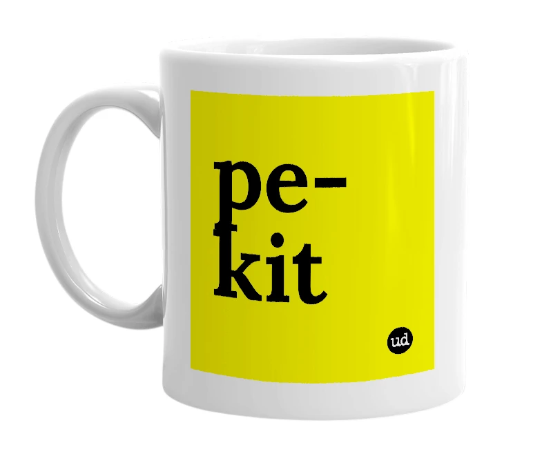 White mug with 'pe-kit' in bold black letters
