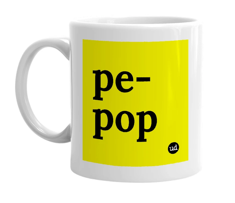 White mug with 'pe-pop' in bold black letters