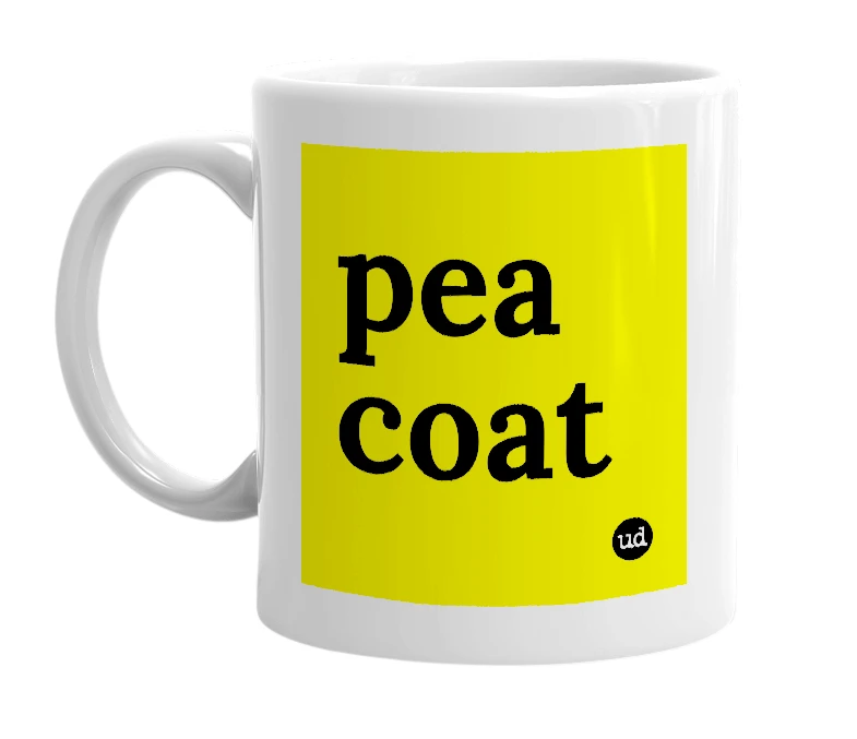 White mug with 'pea coat' in bold black letters