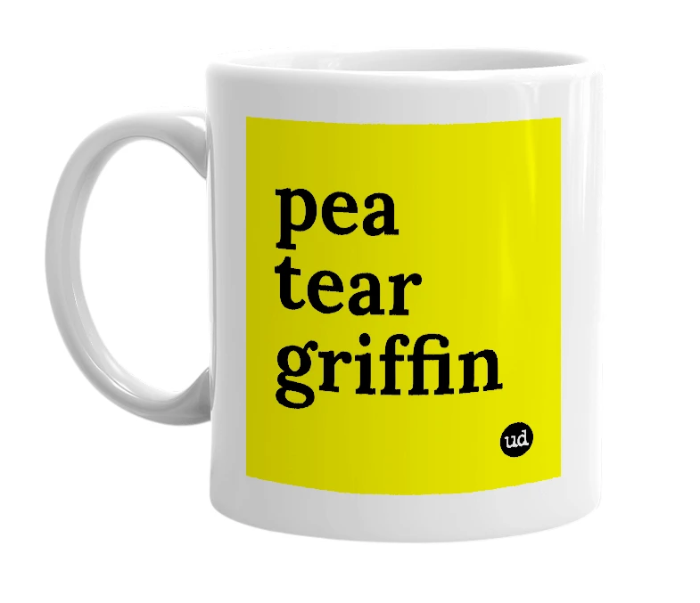 White mug with 'pea tear griffin' in bold black letters