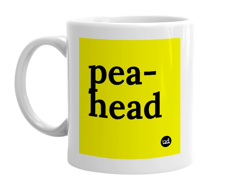 White mug with 'pea-head' in bold black letters