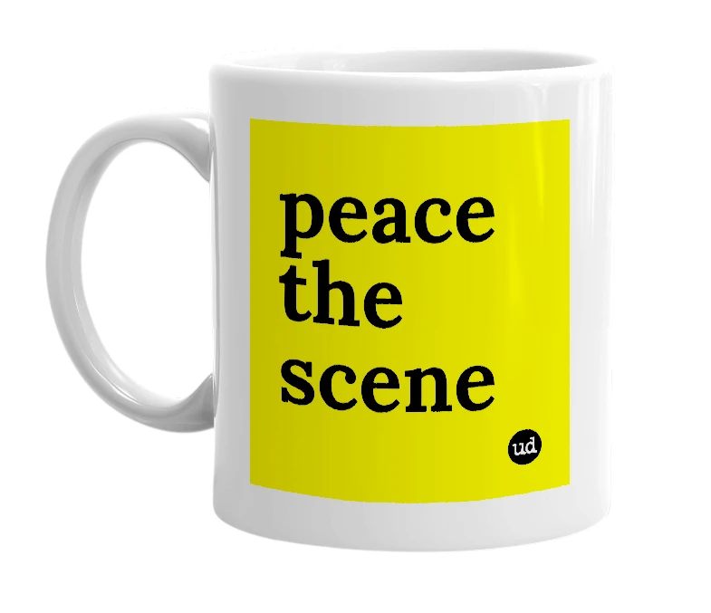 White mug with 'peace the scene' in bold black letters