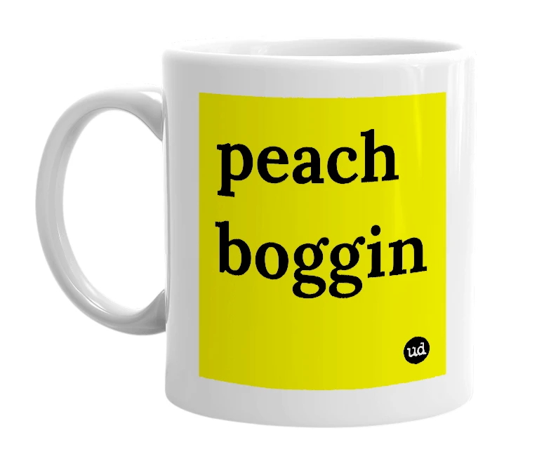 White mug with 'peach boggin' in bold black letters