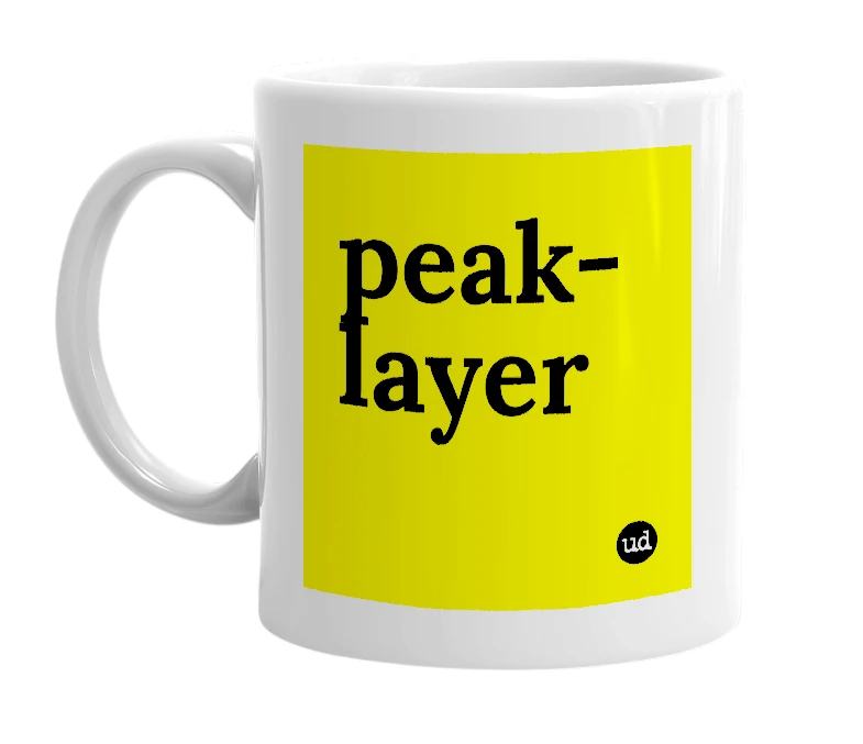 White mug with 'peak-layer' in bold black letters