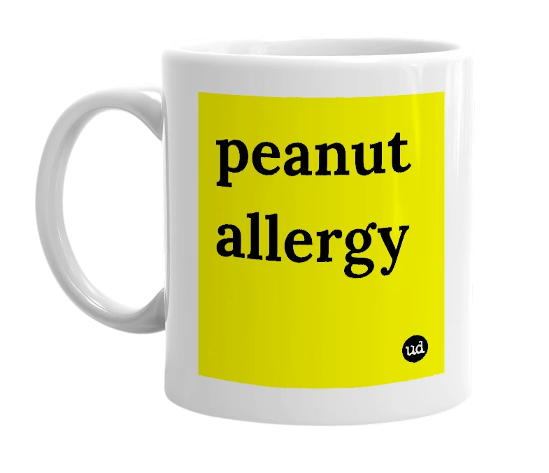 White mug with 'peanut allergy' in bold black letters