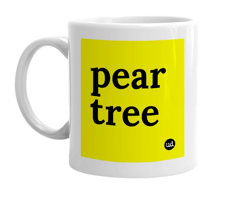 White mug with 'pear tree' in bold black letters