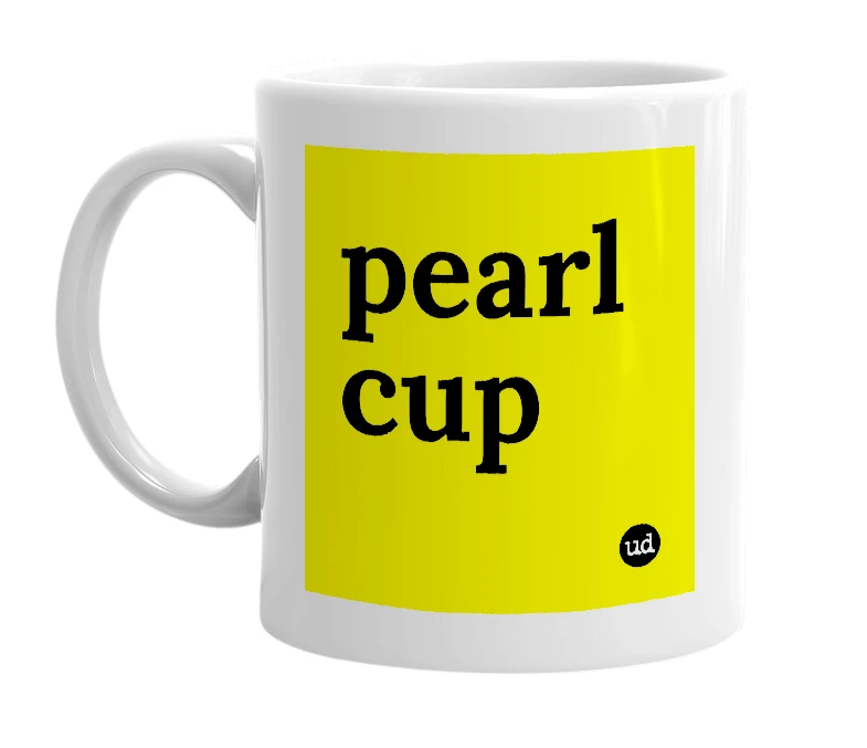 White mug with 'pearl cup' in bold black letters