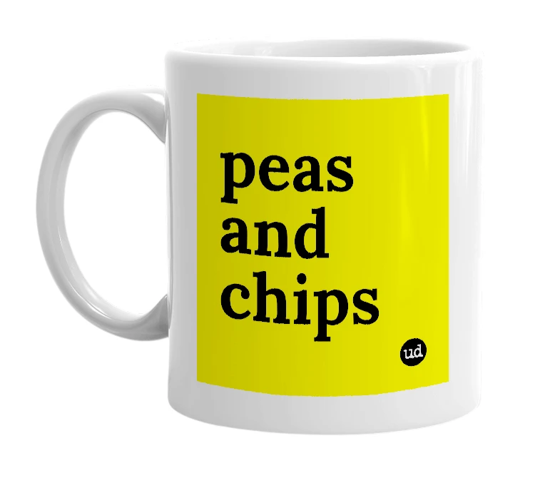 White mug with 'peas and chips' in bold black letters