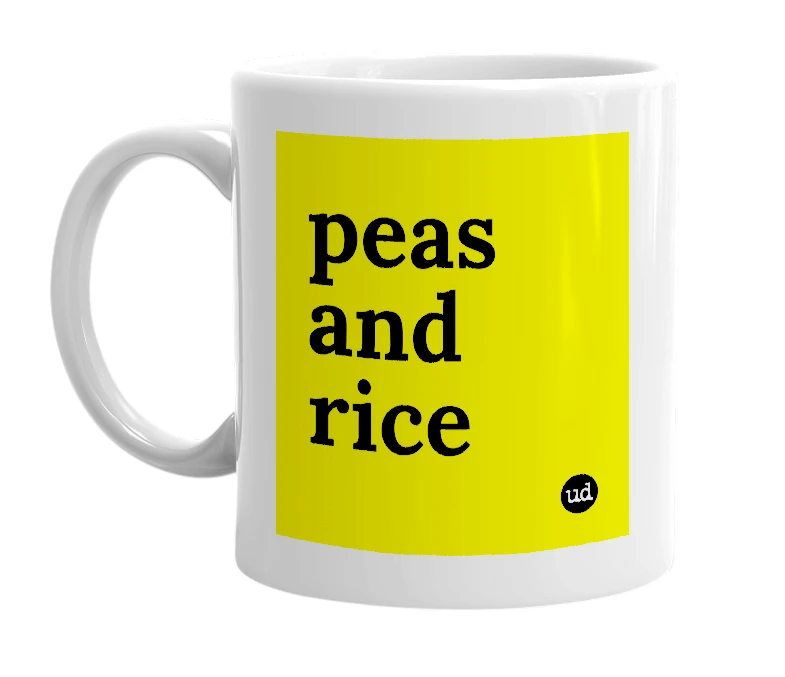 White mug with 'peas and rice' in bold black letters