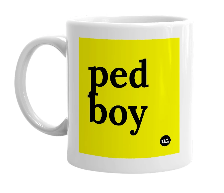 White mug with 'ped boy' in bold black letters