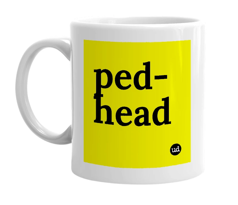 White mug with 'ped-head' in bold black letters