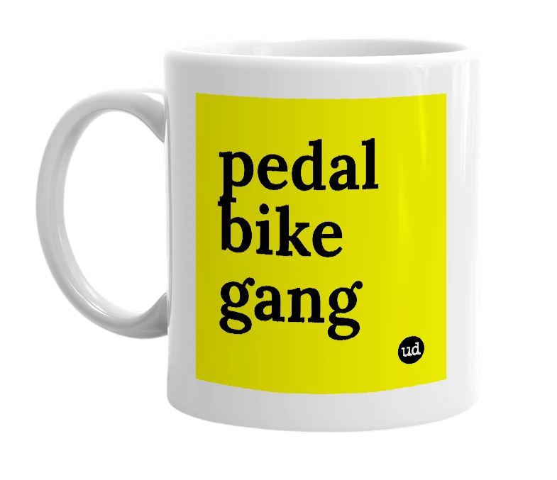 White mug with 'pedal bike gang' in bold black letters