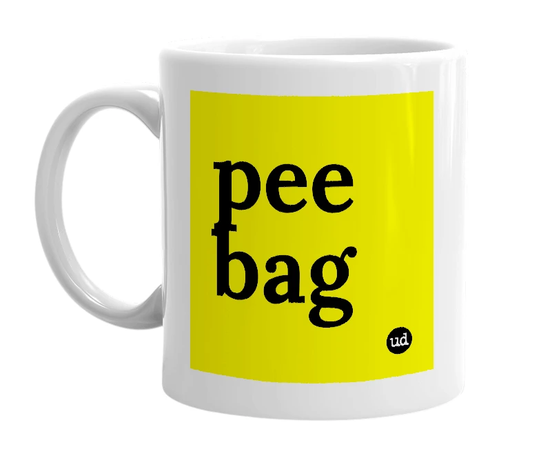 White mug with 'pee bag' in bold black letters