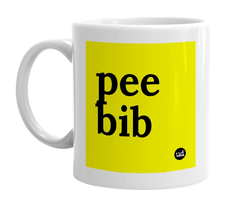 White mug with 'pee bib' in bold black letters