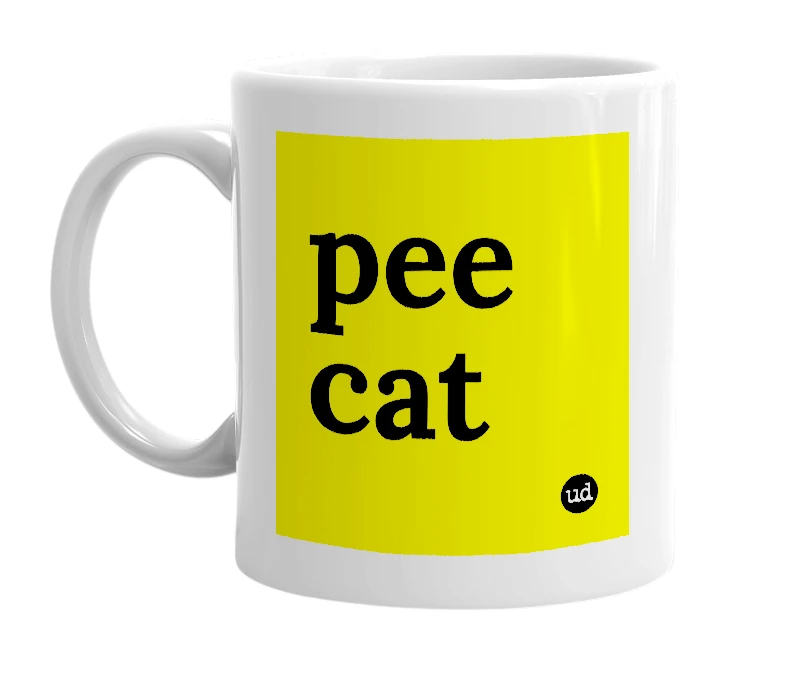 White mug with 'pee cat' in bold black letters