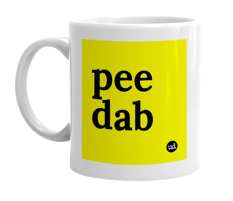 White mug with 'pee dab' in bold black letters