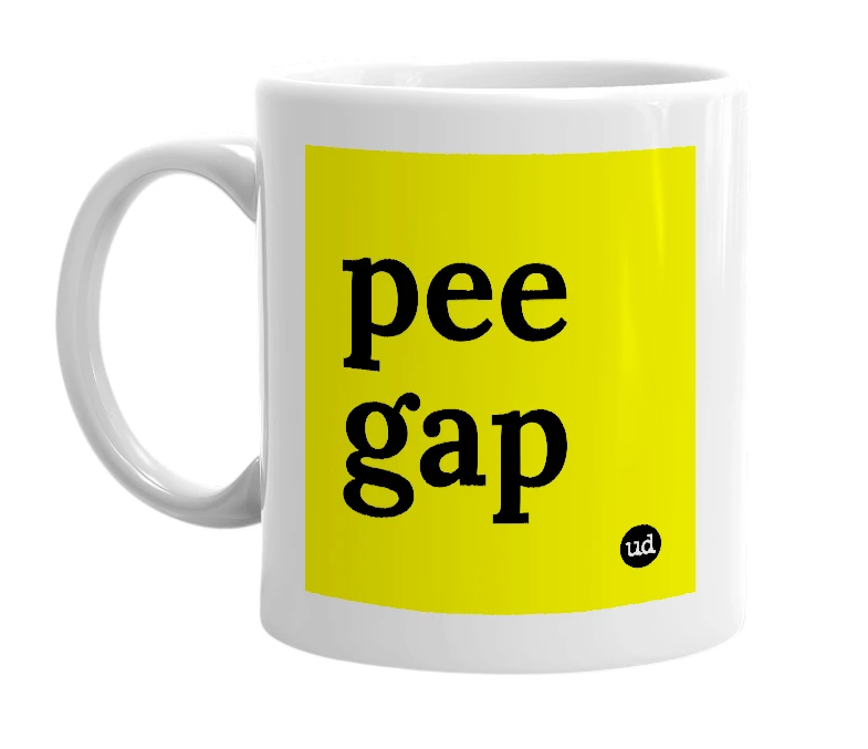 White mug with 'pee gap' in bold black letters