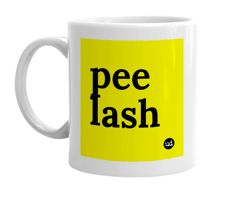 White mug with 'pee lash' in bold black letters