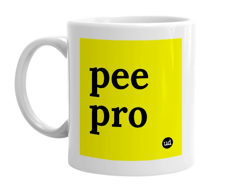 White mug with 'pee pro' in bold black letters