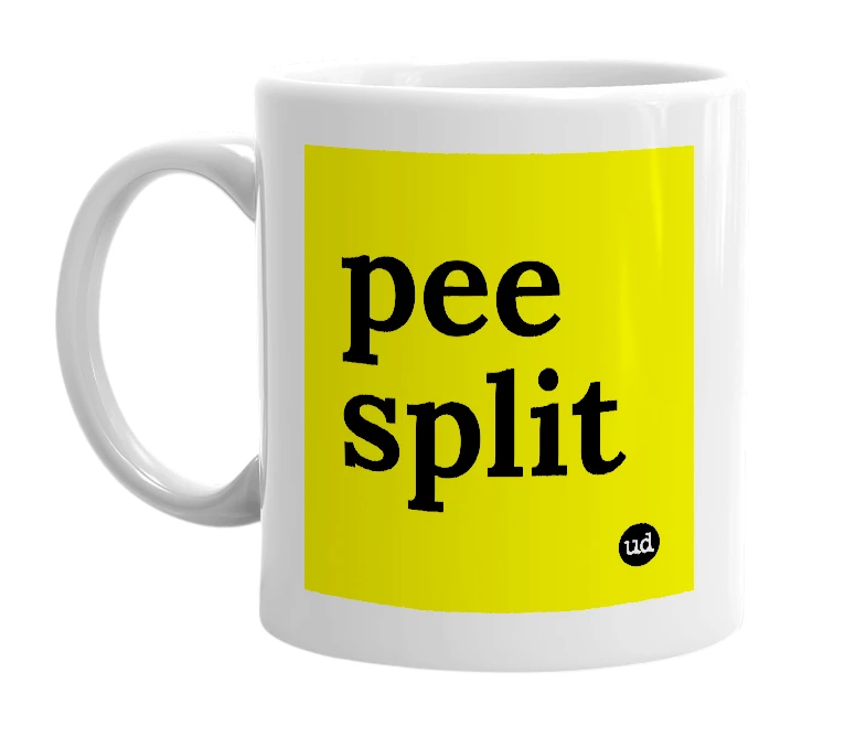 White mug with 'pee split' in bold black letters