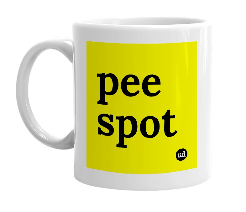 White mug with 'pee spot' in bold black letters