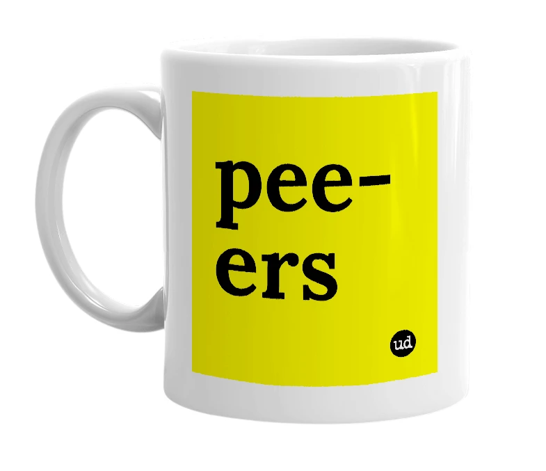 White mug with 'pee-ers' in bold black letters