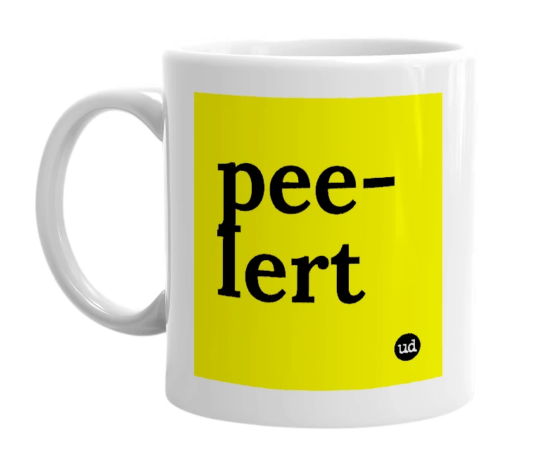 White mug with 'pee-lert' in bold black letters