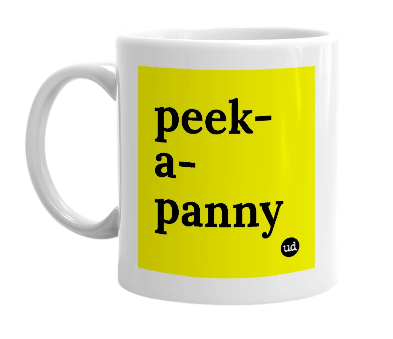 White mug with 'peek-a-panny' in bold black letters