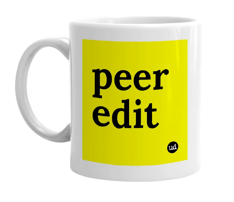 White mug with 'peer edit' in bold black letters