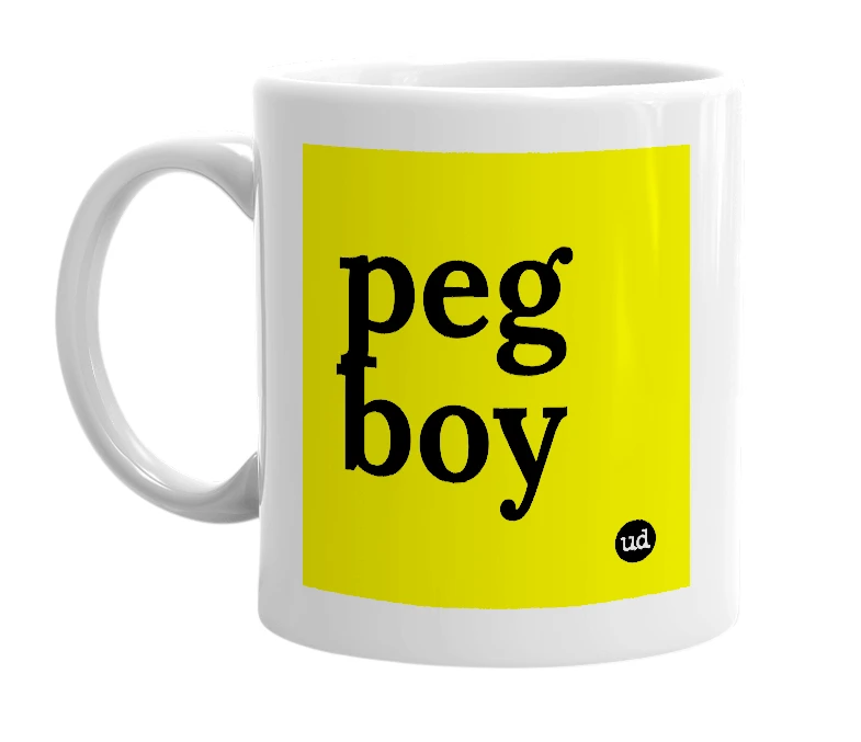 White mug with 'peg boy' in bold black letters