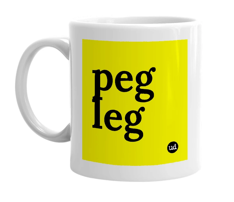White mug with 'peg leg' in bold black letters