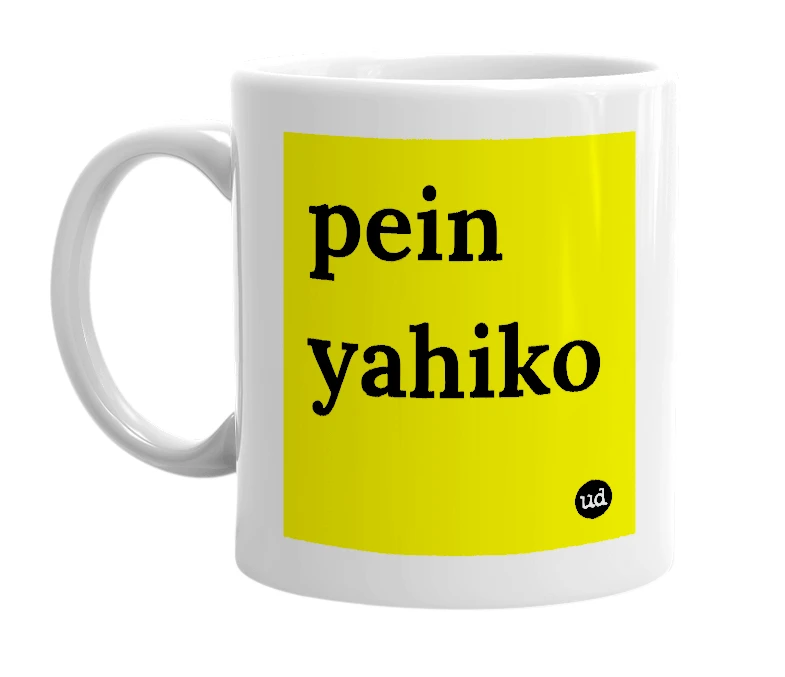 White mug with 'pein yahiko' in bold black letters