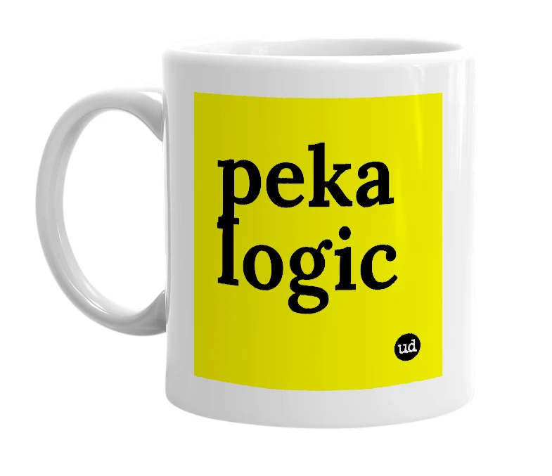 White mug with 'peka logic' in bold black letters
