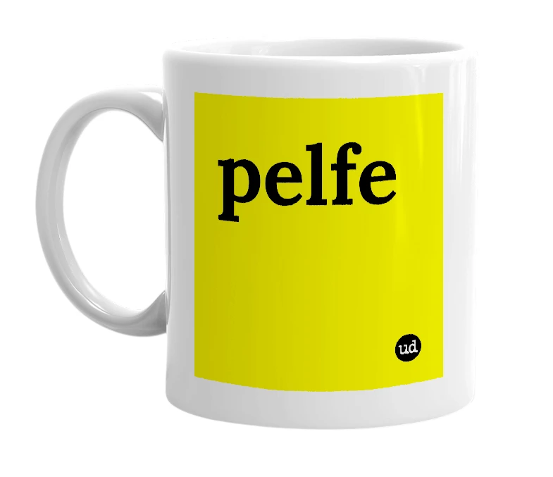 White mug with 'pelfe' in bold black letters