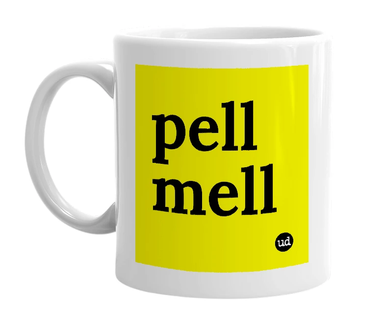 White mug with 'pell mell' in bold black letters