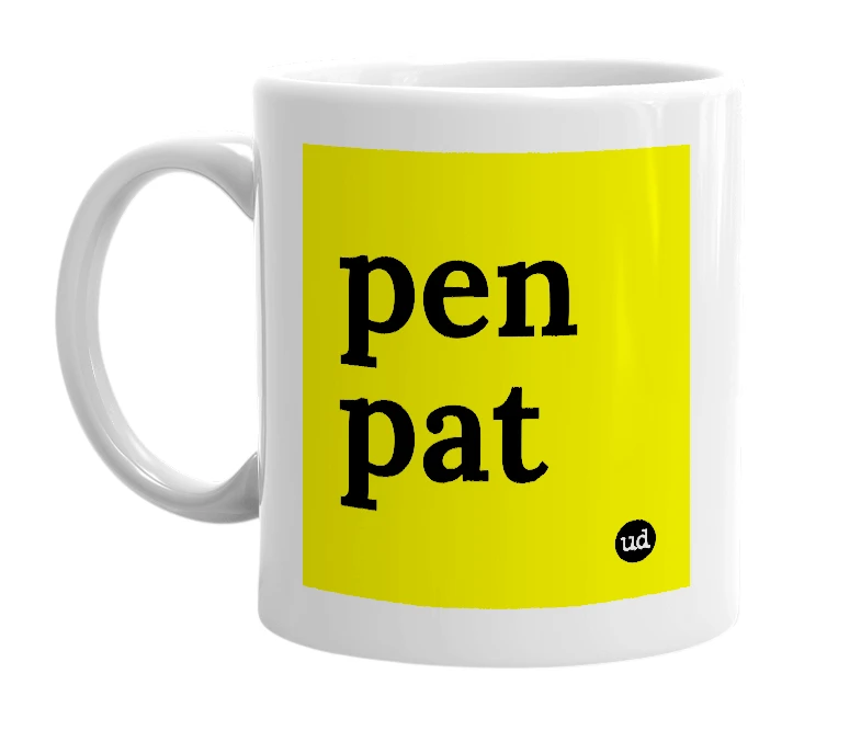 White mug with 'pen pat' in bold black letters