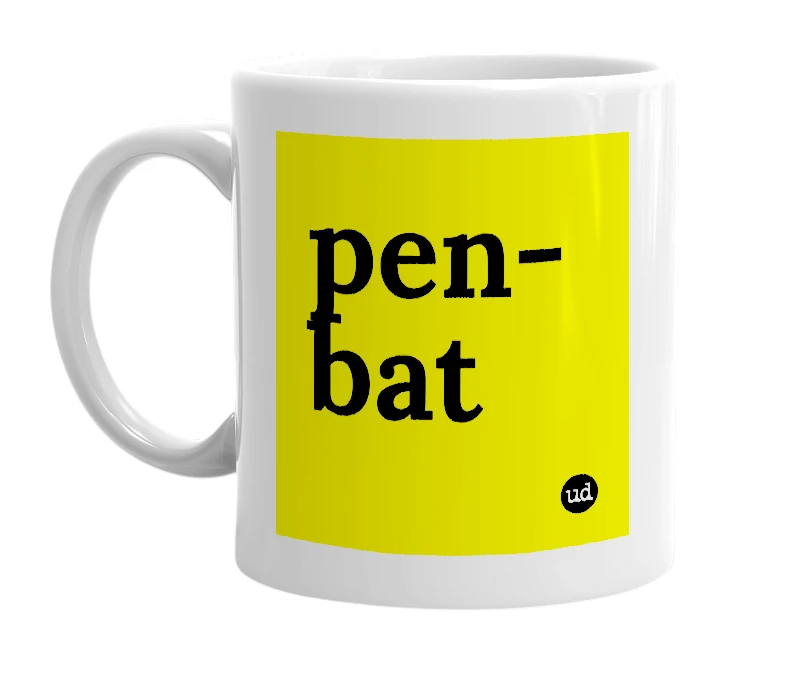 White mug with 'pen-bat' in bold black letters