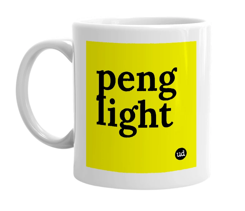 White mug with 'peng light' in bold black letters