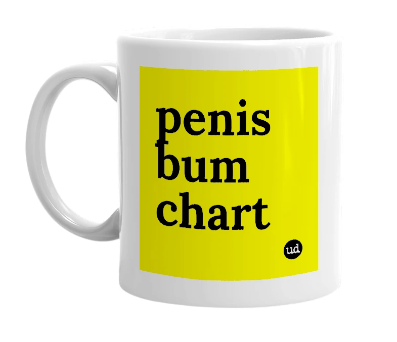 White mug with 'penis bum chart' in bold black letters