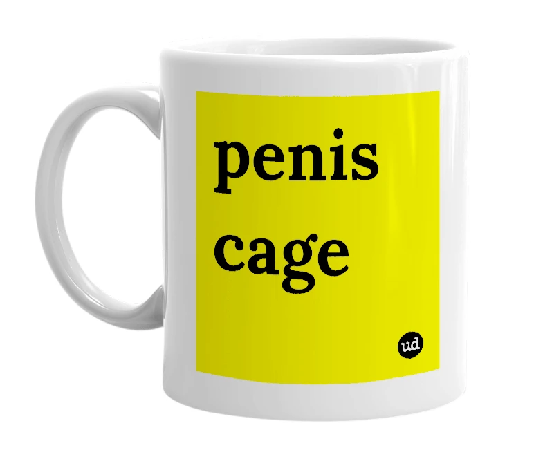 White mug with 'penis cage' in bold black letters