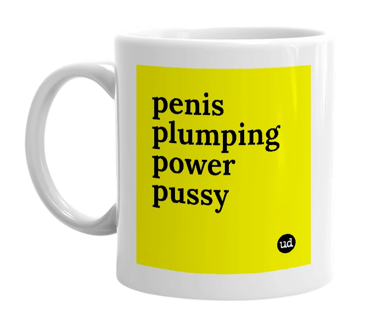 White mug with 'penis plumping power pussy' in bold black letters